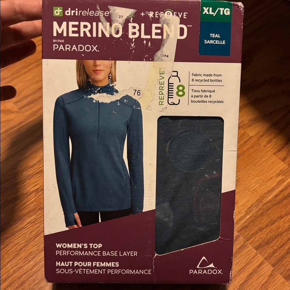 NWT Teal Merino Blend by Paradox 1/4 Zip Base Layer Pullover XL